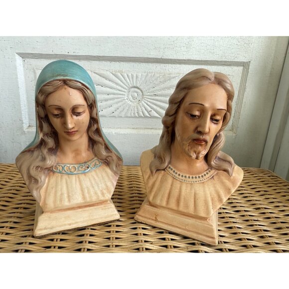 Vintage 60's Ceramic Busts Statues Jesus And Mary Religious Decor - Picture 9 of 10